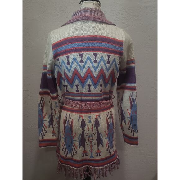 Forever 21 Colorful Boho Tribal Long Cardigan Sweater Fringed Tie for Belt - Picture 3 of 8